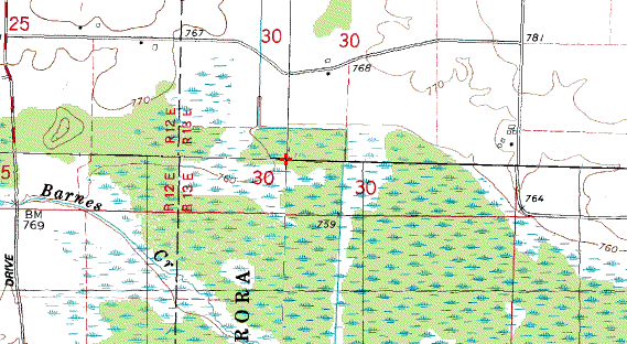 USGS map segment erroneously showing "non-marsh" on the west side of the irrigation ditch.  Confluence is red '+' sign.