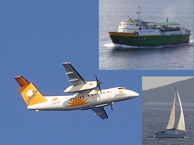 A ferry between Kingstown and the Islands of the Grenadines group, an airplane of the "Caribbean Sun" Airlines, and several yachts are in the area