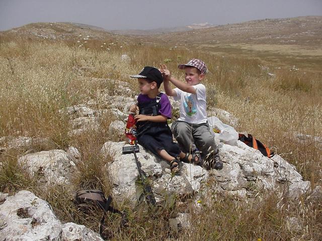 Looking north from the Confluence (where we came from), Tal (right) and Omer (left)