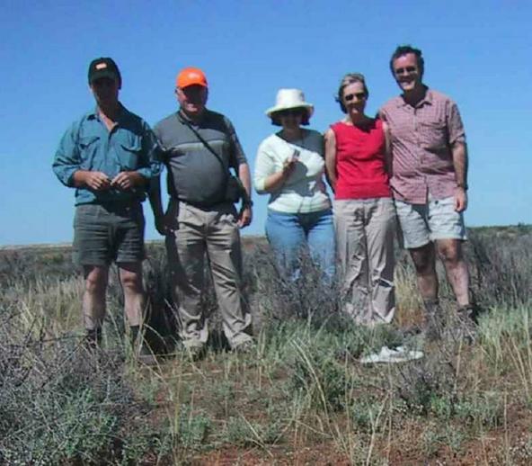 The expedition party at the confluence (marked by Pam's hat on the ground) From left, Scott, Ian, Trish, Pam, Geoff.