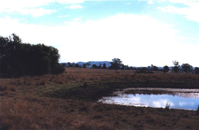 A slough to the east of the confluence, with mountains in the background.