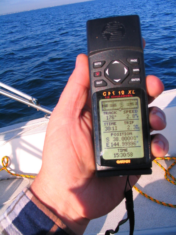 The all important GPS shot, 3.5 metres from the confluence in a moving boat!