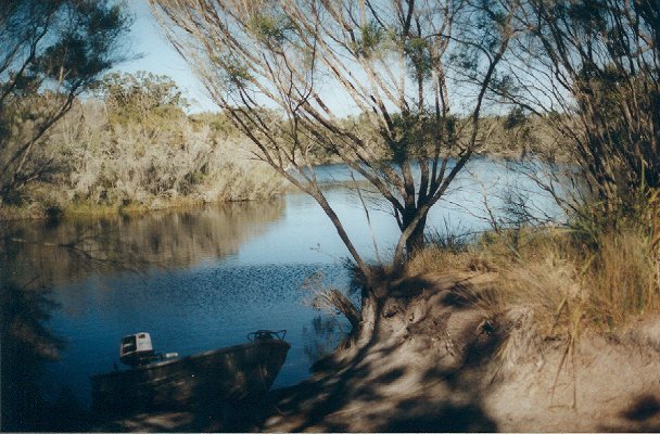 Our transport - the dinghy on the bank of the Kent River.