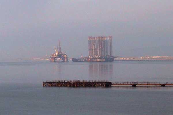 Oilrigs in Caspian Sea S of Baku