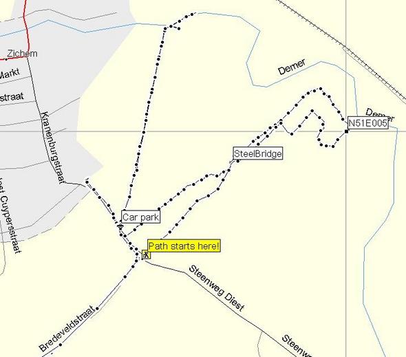 Track log showing several attempts. Follow the path furthest to the east!