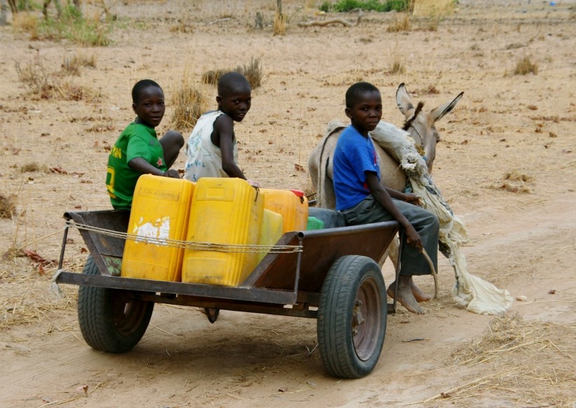 Kids transporting water cans