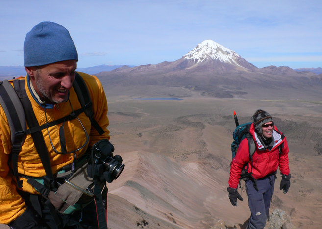 Paolo (left) and Greg (right) make it to 2nd summit at 5357 m (17571 ft; Mt. Sajama in back)