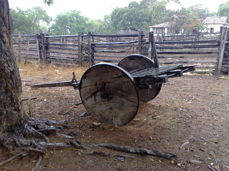 An antique ox cart seen near 7s x 43w