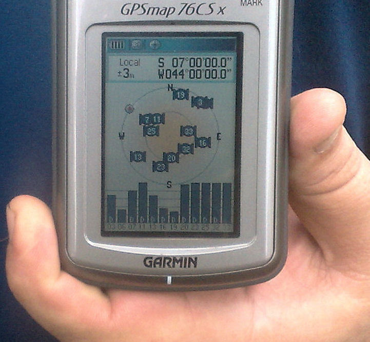 GPS showing the confluence 7S x 44W