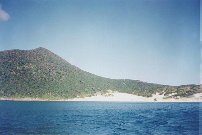 view from boat about 1 kilometer from the confluence : you can see  Praia da Ilha de Farol, the sand dunes and the forest, the confluence is in the forest in the center of the picture