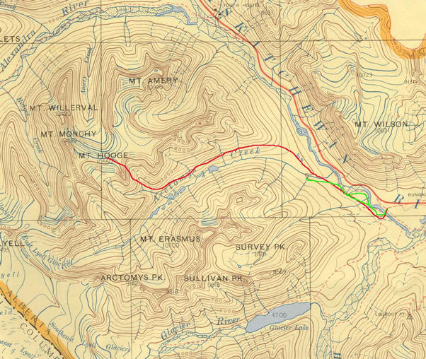 Map:  Planned route in red, achieved in green