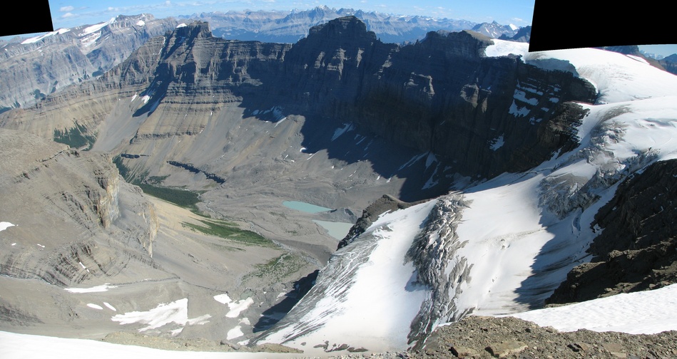 The valley SE of the summit of Mt Amery, showing our route up and campsite (at the end of the moraine)