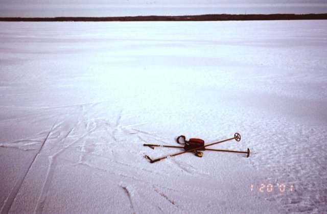 Looking northeast, the ski poles mark the confluence, 3.8km NW of Ma-Me-O Beach.