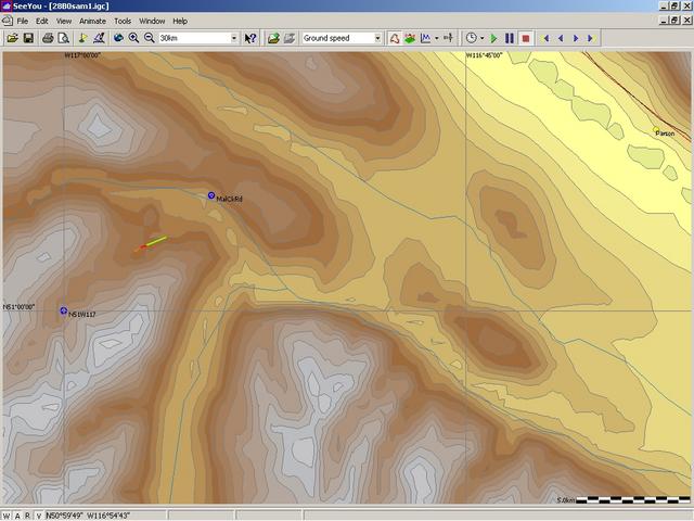 map showing confluence and my car's tracklog driving away from the road-end