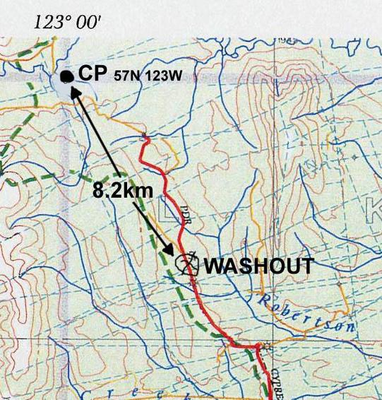 Map showing where we ran into the washout (See Dave's satellite map for a nice overlay!)