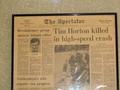 #10: The old newspaper with the article about Tim Horton’s death at the Cochrane’s Tim Hortons doughnut shop