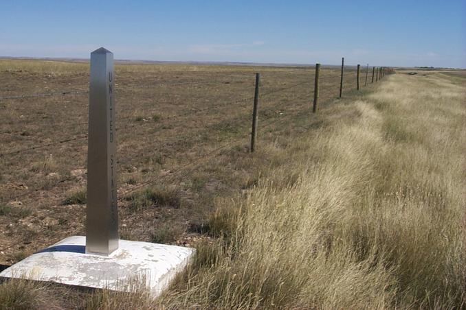 The view east of the stainless steel border monument about two kilometers east of the confluence.