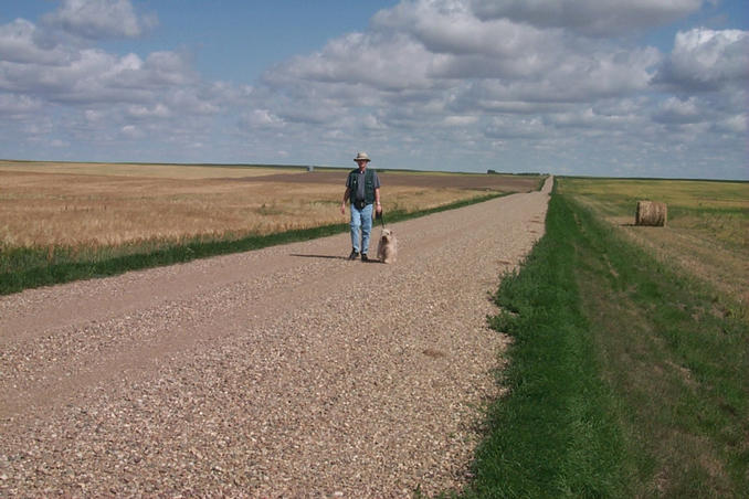 Alan and Max on the road leading to the confluence.