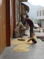 #9: Woman spreading corn out to dry while her son looks on