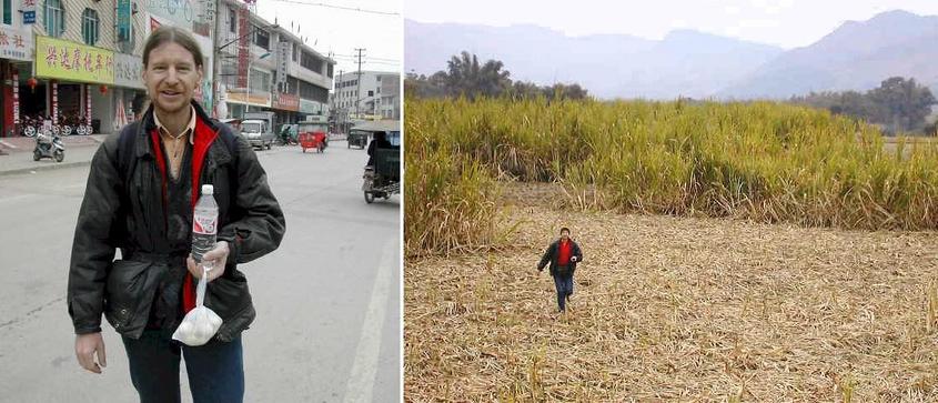 Targ just before he left for Guilin, ending his three-confluence hunt - Targ in the sugar cane field looking for the confluence