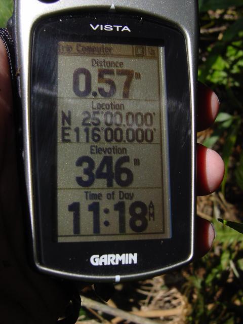 GPS readings - Distance: 0.57 metres; Location: N 25°00.000', E 116°00.000'; Elevation: 346 metres; Time of Day: 11:18 a.m.