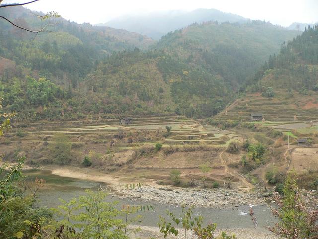 General view of confluence area from 225 metres away looking southeast: Duliu River in foreground, confluence in large flat field in centre of photograph.