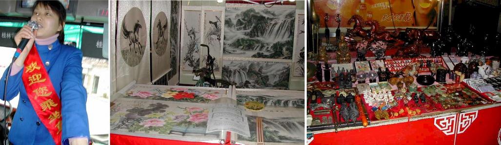 Bus hostess and Guilin art of landscapes in the area, plus trinkets for tourists