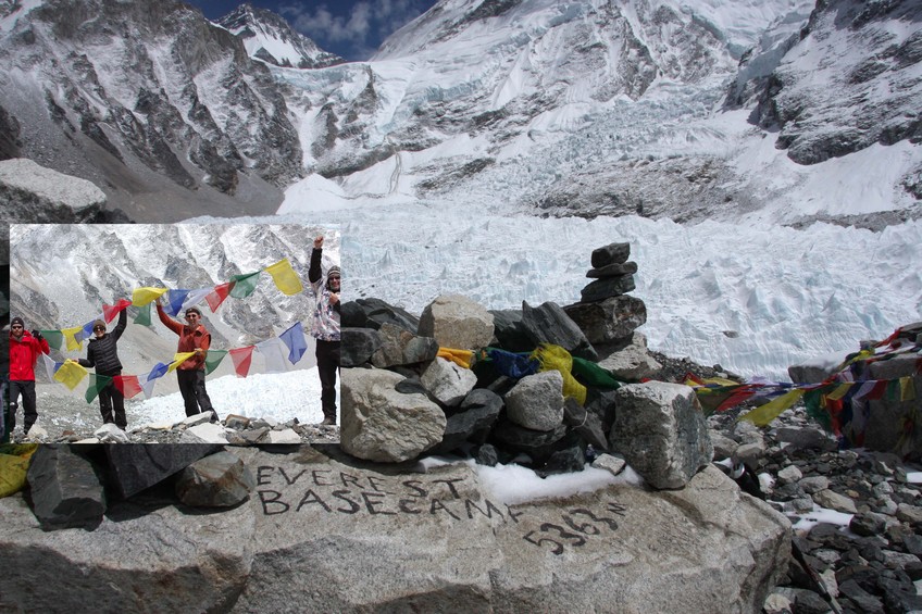 Celebrating at Everest Base Camp, from which there is no view of the world’s highest mountain.