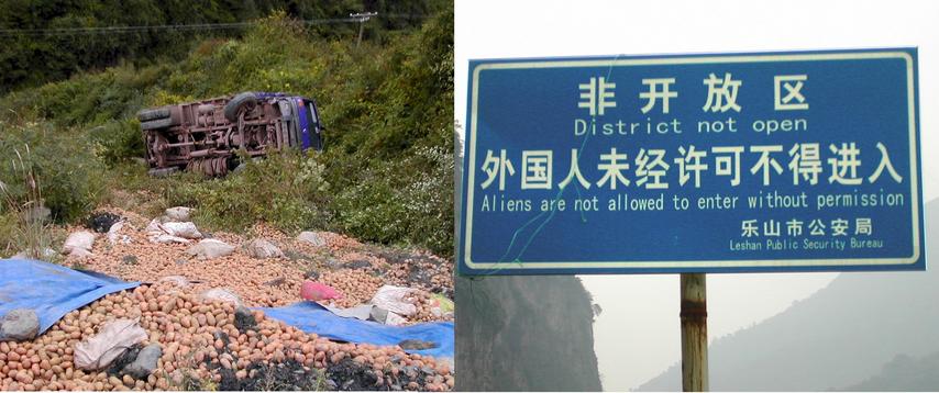 Overturned potato truck and the Foreigner Closed Area sign