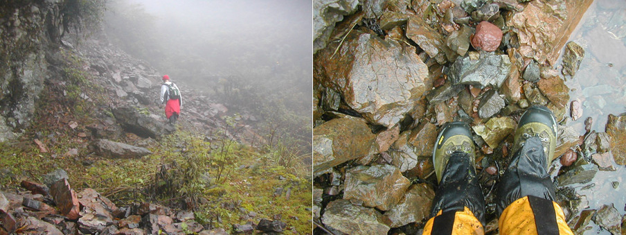 ...and it also stayed very wet.  Here Peter crosses another rock landslide over the trail.