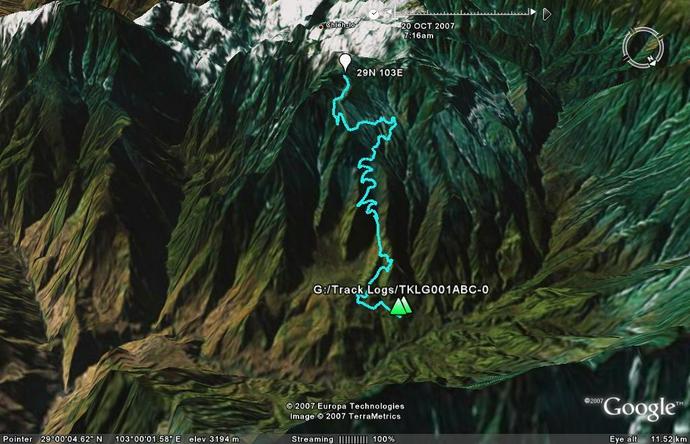 Parked the car and started at the bottom. The area directly above the word "Track" is the village that we saw through the fog (see pic above). The track pretty much followed the old logging road/trail to within 85m of the confluence.