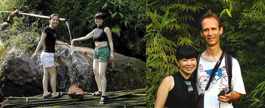 Jazlynn and Xiaorong cooling off at the bamboo stream - Xiaorong and Peter at the confluence