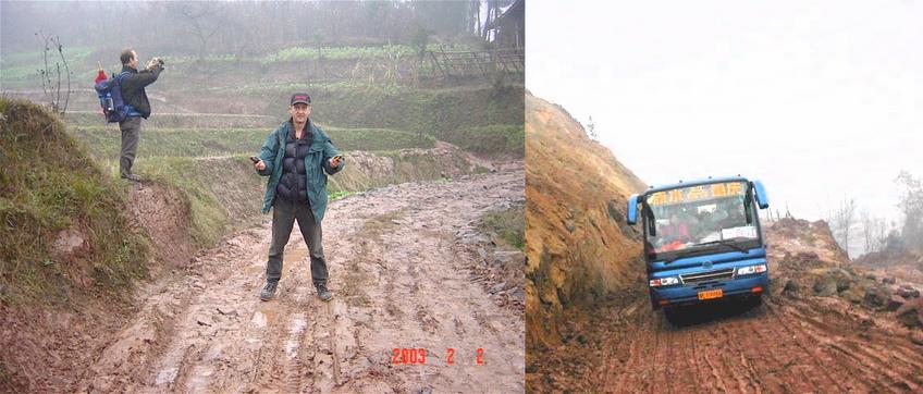 Peter Cao (left) trying to "zero" the GPS and Richard Jones on the Confluence Point in the middle of the muddy road with two GPSs zeroed to prove it - Muddy roads in the back waters of Chongqing.