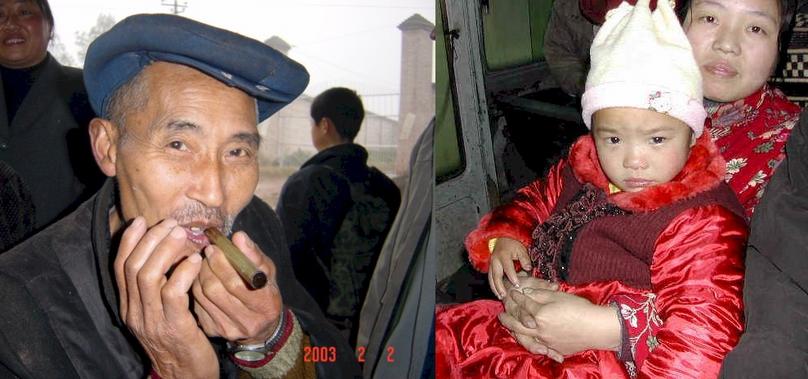 Portraits of China: Man enjoying his hand rolled stogie - Mother and child on the bus to visit relatives.