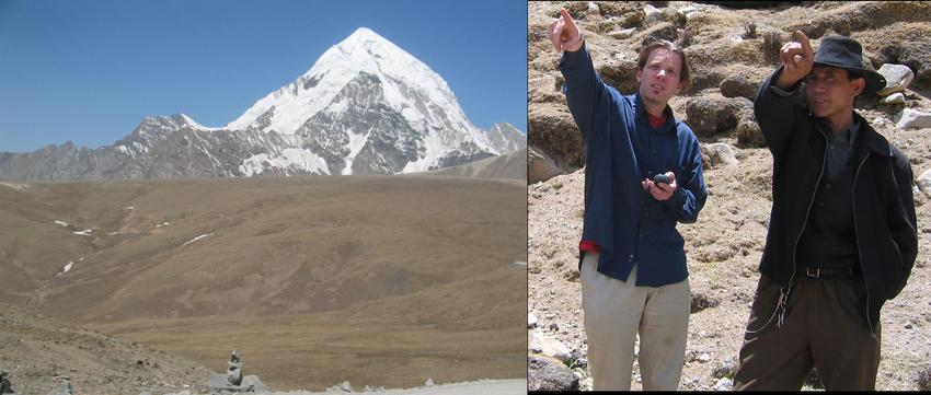 The mighty Qiongmugang (7048 m, 23117ft.); Greg (left), Losan (right) planning to cross the range