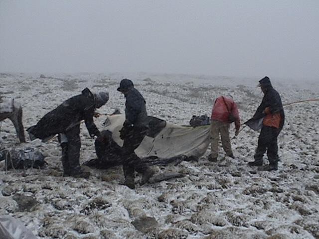 Emergency afternoon setting up of tent on 'mushroom terrain' (Day 4)