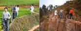 #4: Walking bikes along the rice terraces and cliff on the way to the confluence / 在稻田和峭壁间，扛车而行