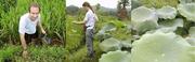 #8: Peter trying to get a perfect reading in a rice paddy but lost a shoe! - Targ getting as close as he can to the confluence.