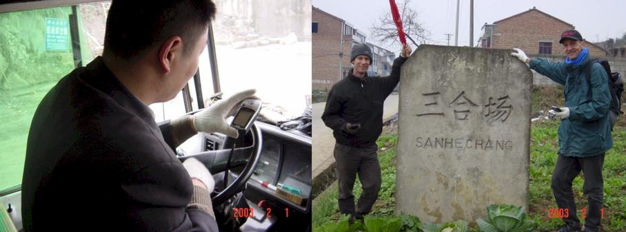 Chinese bus driver checking out the GPS - Village Sign with (left to right) Peter Cao and Richard Jones 