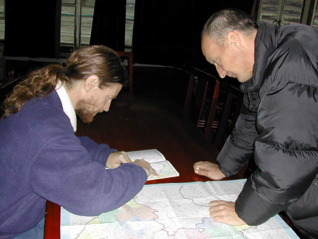 On the slow boat in the State Room studying the maps Targ Parsons (left) and Richard Jones