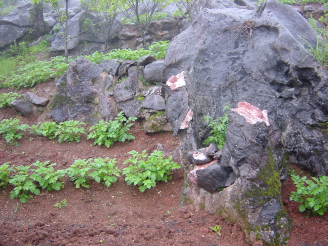Large boulders, black on the outside, red and white on the inside