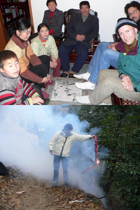 At Mr. Zhong’s house with his family. Tony letting off crackers on our departure.