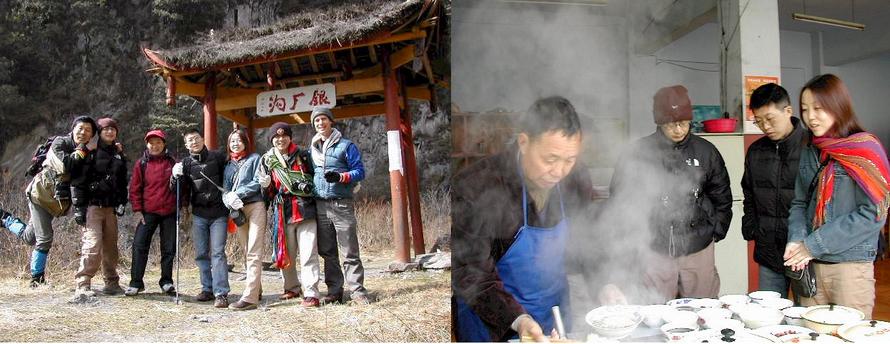 Group photo at the gate to Silver Mine Valley - Old Leaf cooking up noodles for the hungry confluence hunters /（I）在银厂沟大门口的团体照（II）老叶在为饥肠辘辘的队友们煮面。