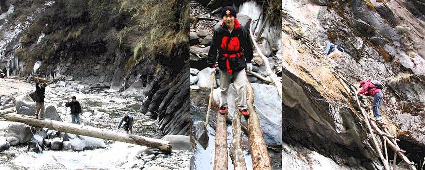 Log bridges and creaky ladders on the trail / 小径上的木棍桥和摇晃的梯子。