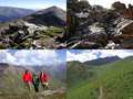 #8: The rocky ridge on the side of the 4700 m peak that probably has to be climbed in order to get to the confluence; Simon, Chris and Peter 2 km away on the saddle between mountains; the grass and flower covered slopes with a trail to the stone house.