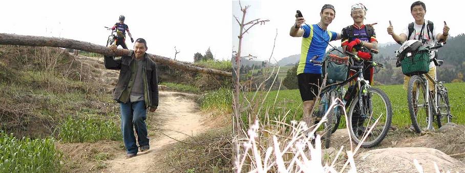 "Walk softly and carry a big stick" - a local at the Confluence Point; Group photo (left to right) Peter Cao, Godspeed and Larry / “怀杖在身，缓行于道”