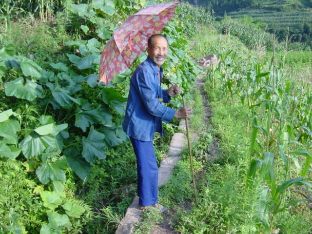 Old man leading me from farmhouse back towards Zhongxing