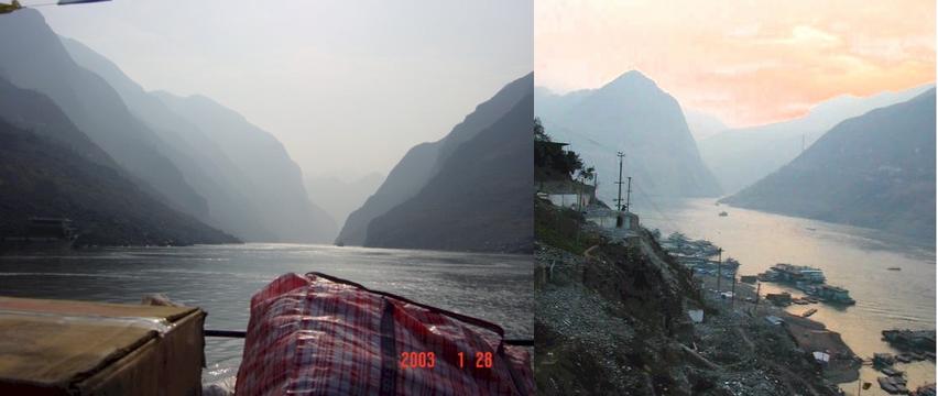 Yangtze River Wu Gorge from the deck of the ferry - Wu Gorge from the hills of Wushan at dawn.