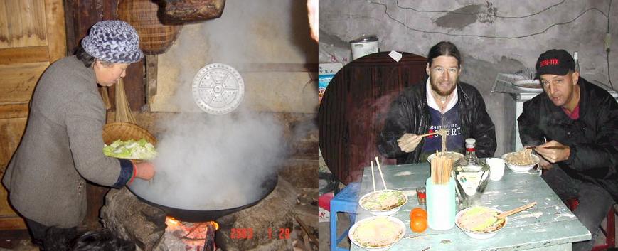 Cooking and eating breakfast in Qingshi - Targ Parsons (left) and Richard Jones