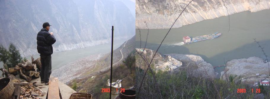 Richard Jones looking down into the Wu Gorge from the roof of the guesthouse - A barge passing down the Yangtze through the gorge below.